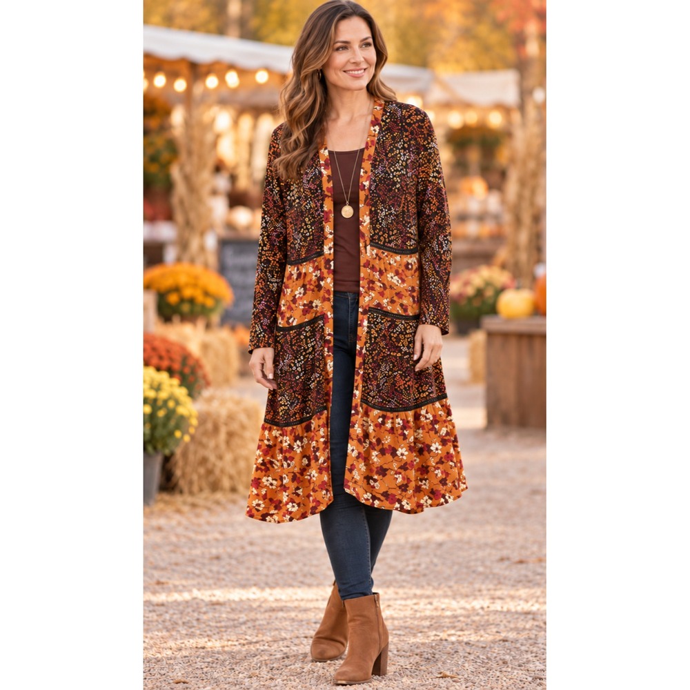 Logo by Lori Goldstein Printed Mixed Media Duster Cardigan Orange Floral Small - Picture 12 of 13